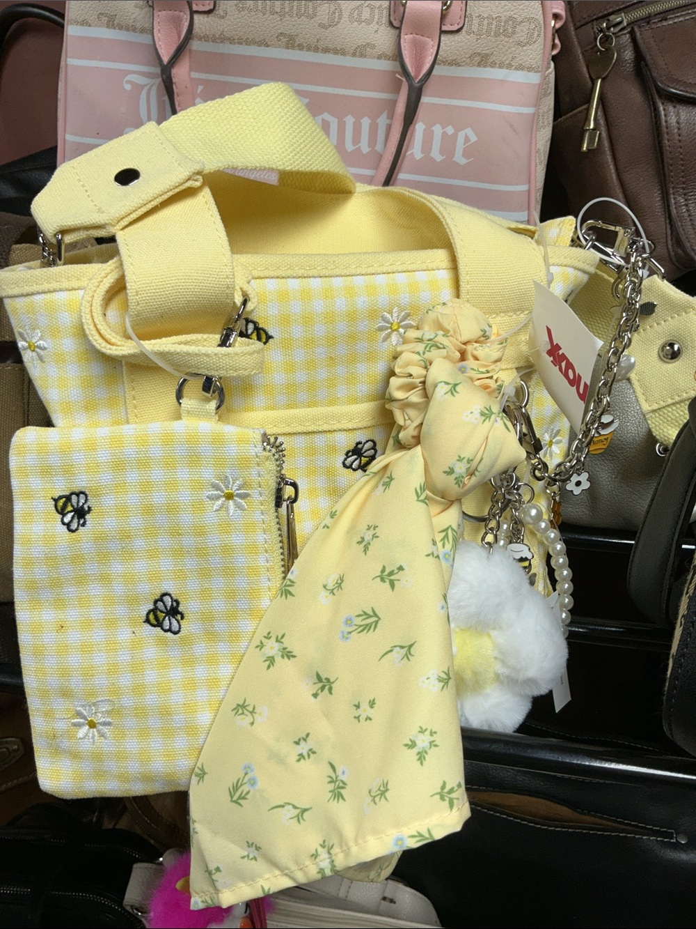 T.J.Maxx Yellow Gingham Crossbody Bag with Floral Scarf and Charm